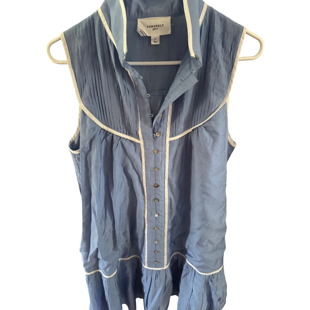 Pomander Place Blue Sleeveless Pleated Bib Mini Dress White Piping Tiered Hem L